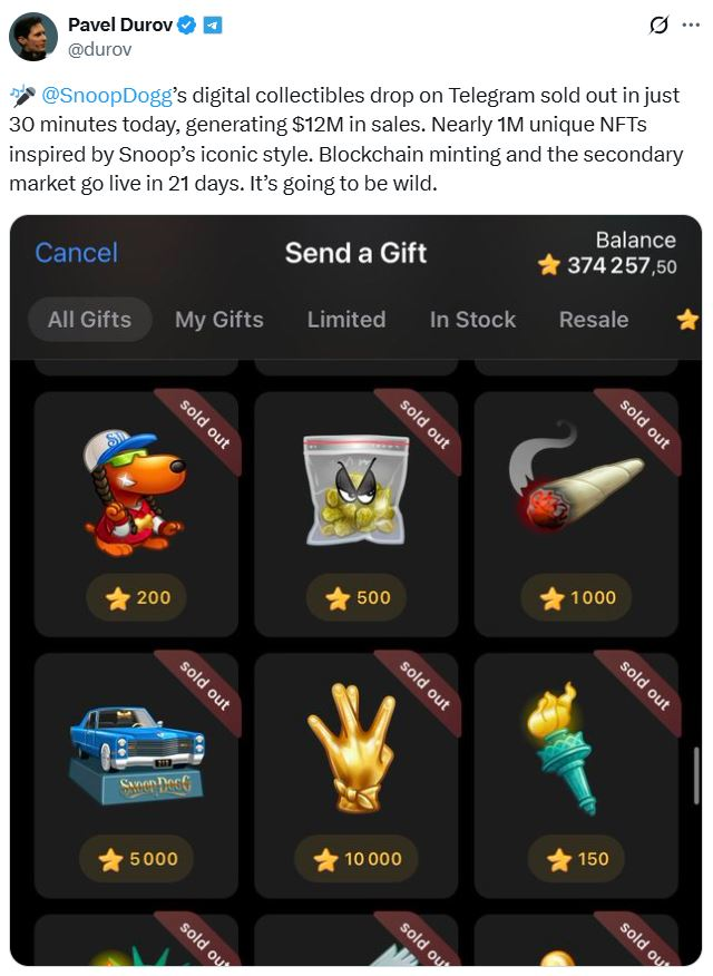 توییت پاول دوروف درباره NFTهای اسنوپ داگ