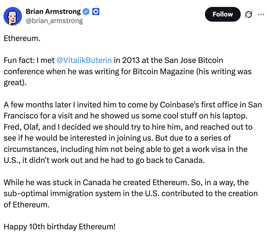 پست مدیرعامل کوین بیس درباره بنیانگذار اتریوم